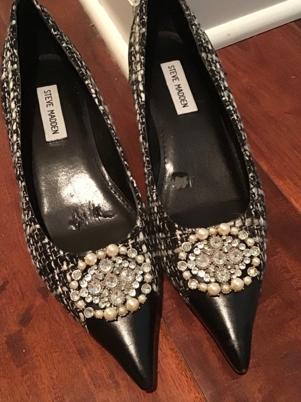 Tweed and leather kitten heels with pearl and rhinestone brooch